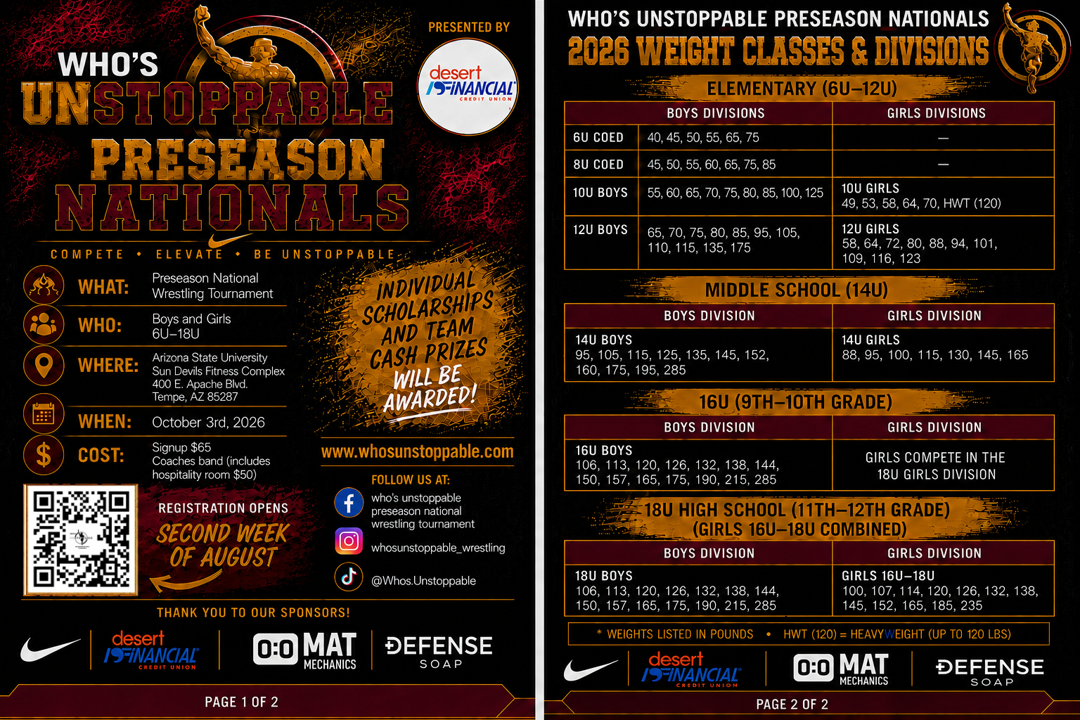 026 Who’s Unstoppable Preseason Nationals wrestling tournament flyer at Arizona State University
